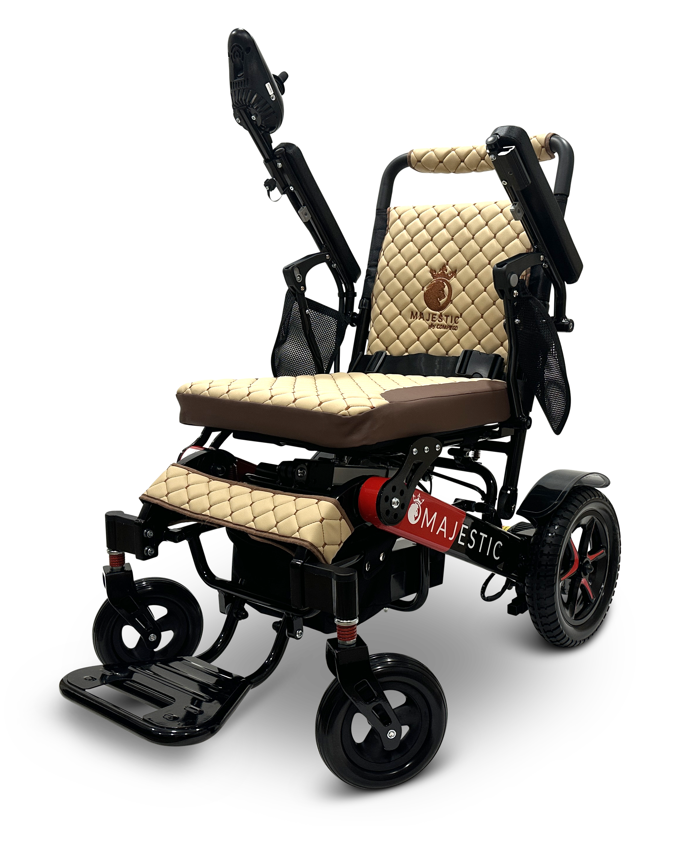 Introducing the MAJESTIC IQ-7000 Remote Controlled Electric Wheelchair: a stylish and lightweight mobility solution featuring quilted beige cushioning, adjustable armrests, and a sleek black frame. Enhanced with auto-folding technology for convenience, this wheelchair prominently displays its Majestic branding on the side. Its four wheels provide enhanced stability and maneuverability.
